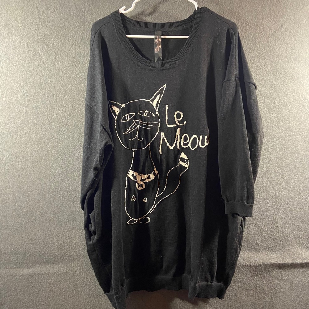 Melissa McCarthy Seven7 Sweater Cat Graphic Le Meow Oversized Black 2X relaxed